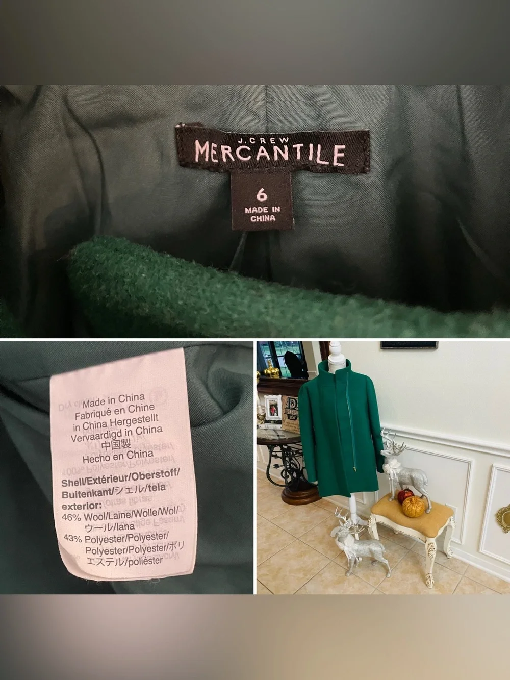 J. Crew Emerald Green Stand-Collar Wool Peacoat